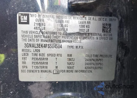 2015 Chevrolet Captiva Sport Lt from USA, damaged, VIN 3GNAL3EK4FS504504